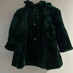 80s/90s Vintage Young Gallery‎ Girls Emerald Green Faux Fur Gem Button Coat Sz S